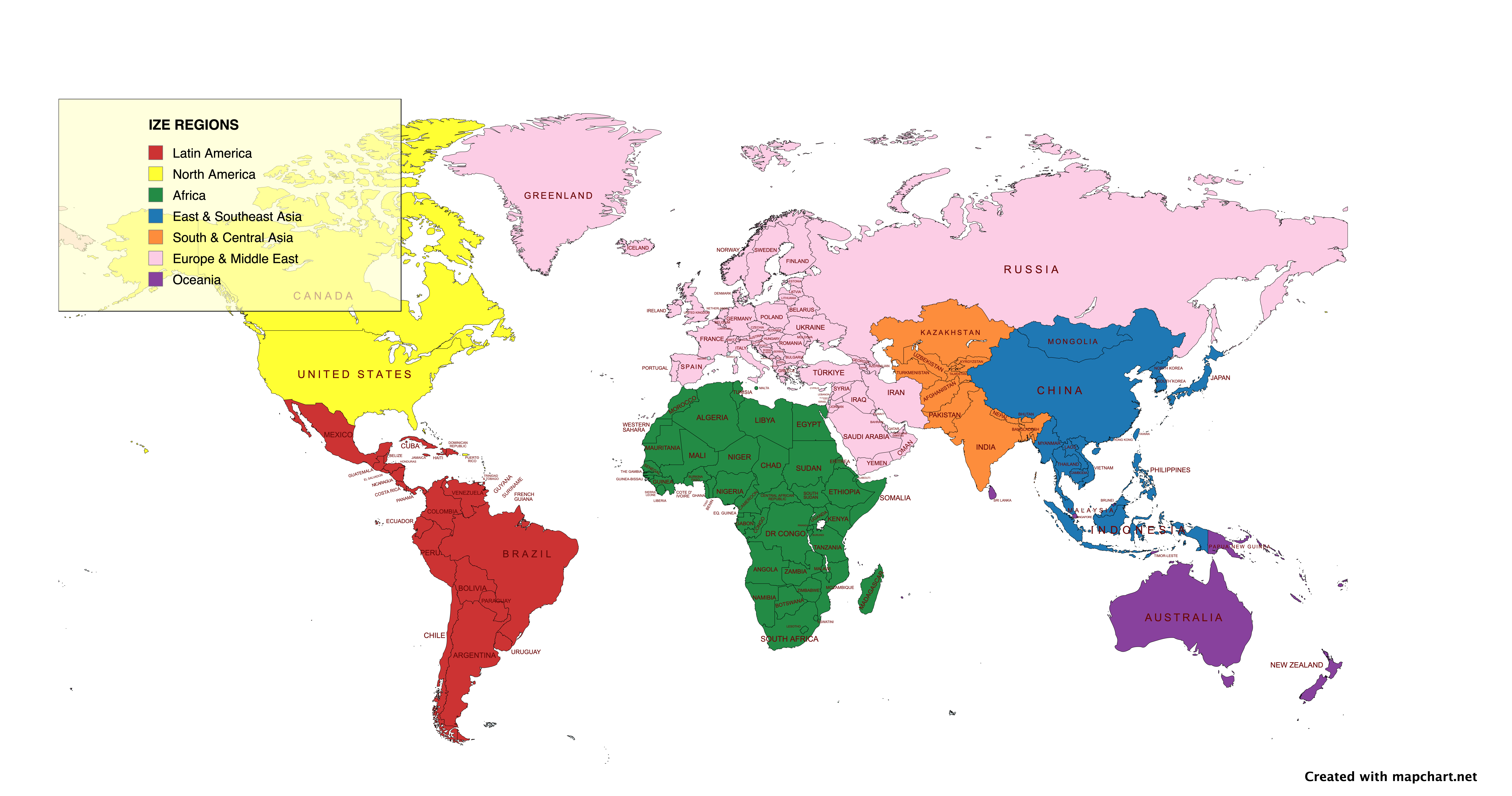 World map showing seven IZE regions